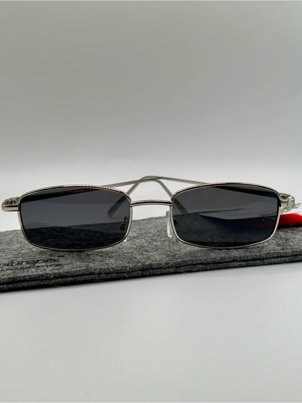 Vintage 90s Y2K Slim Rectangular Silver Metal Frame Sunglasses Dark Gray Lens